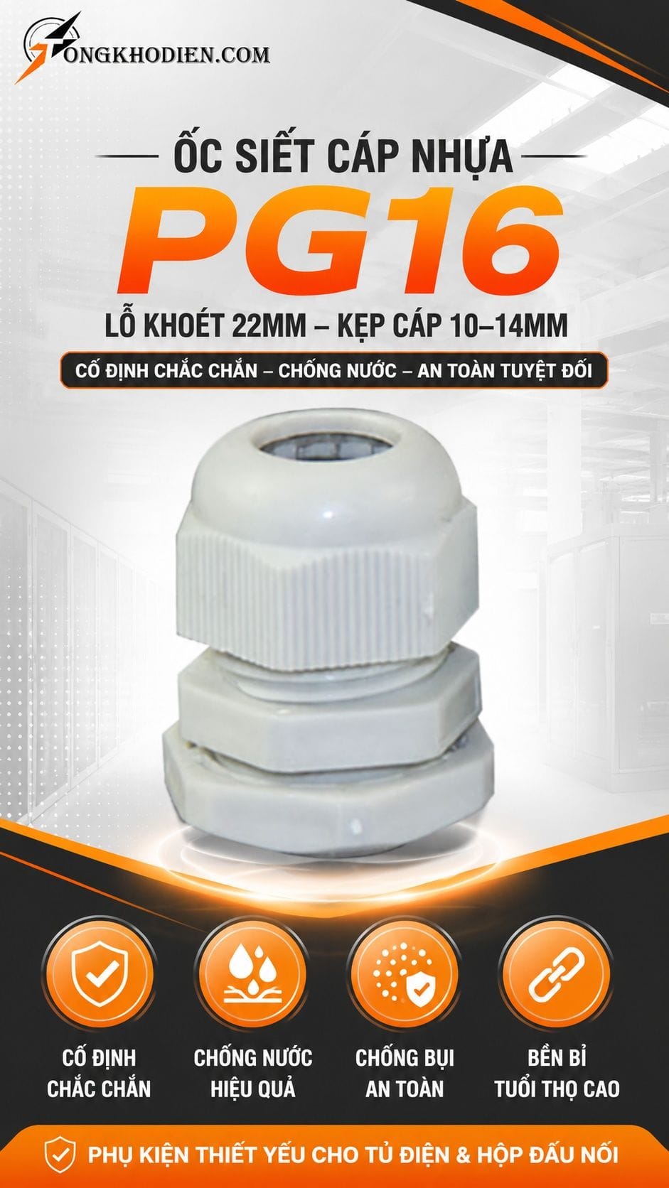 Ốc Siết Cáp Nhựa PG16 Phi 22 Khoét Lỗ 22mm 5 Ốc siết cáp nhựa PG16 phi 22