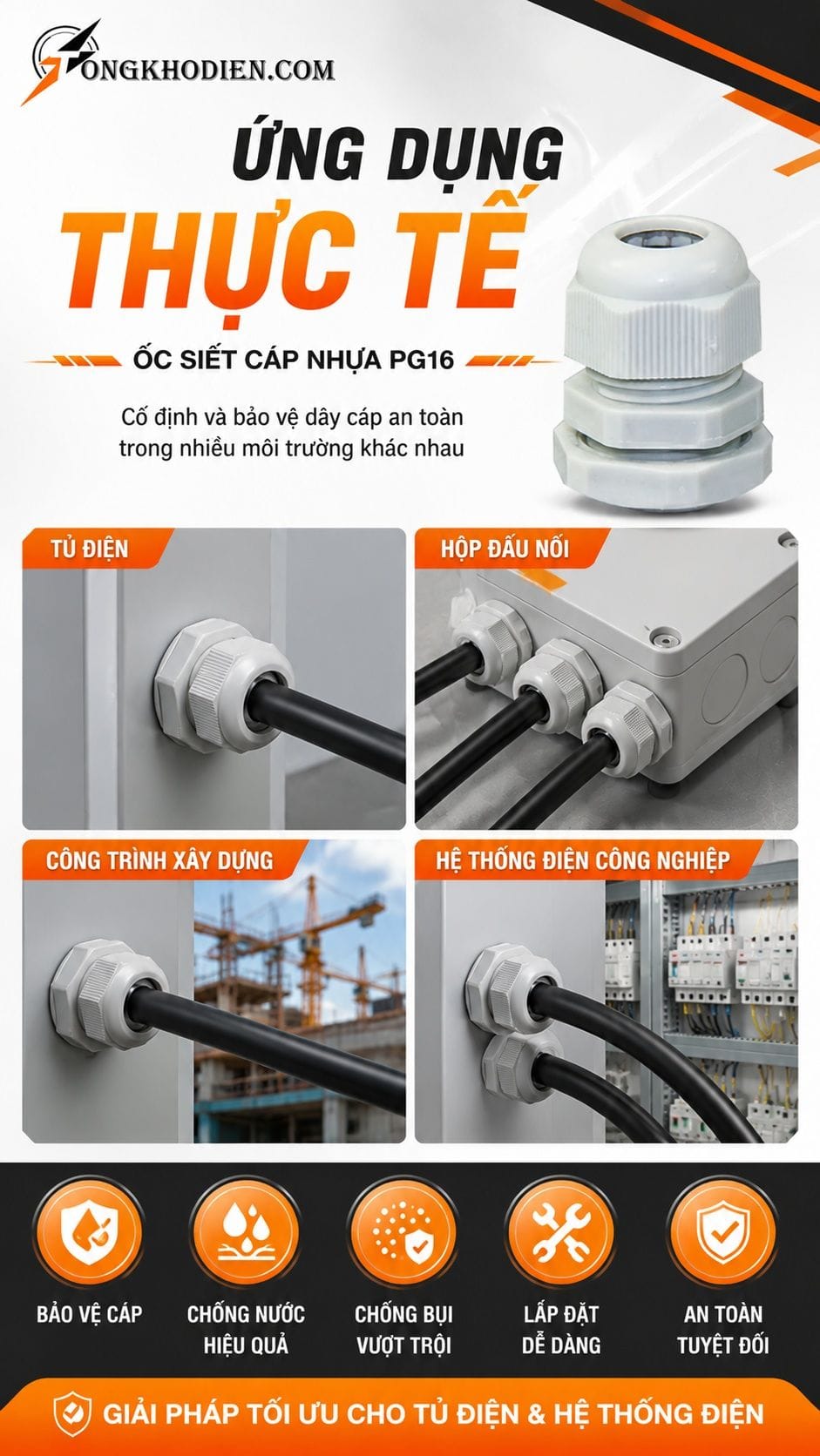 Ốc Siết Cáp Nhựa PG16 Phi 22 Khoét Lỗ 22mm 7 Ứng dụng ốc siết cáp nhựa PG16 phi 22