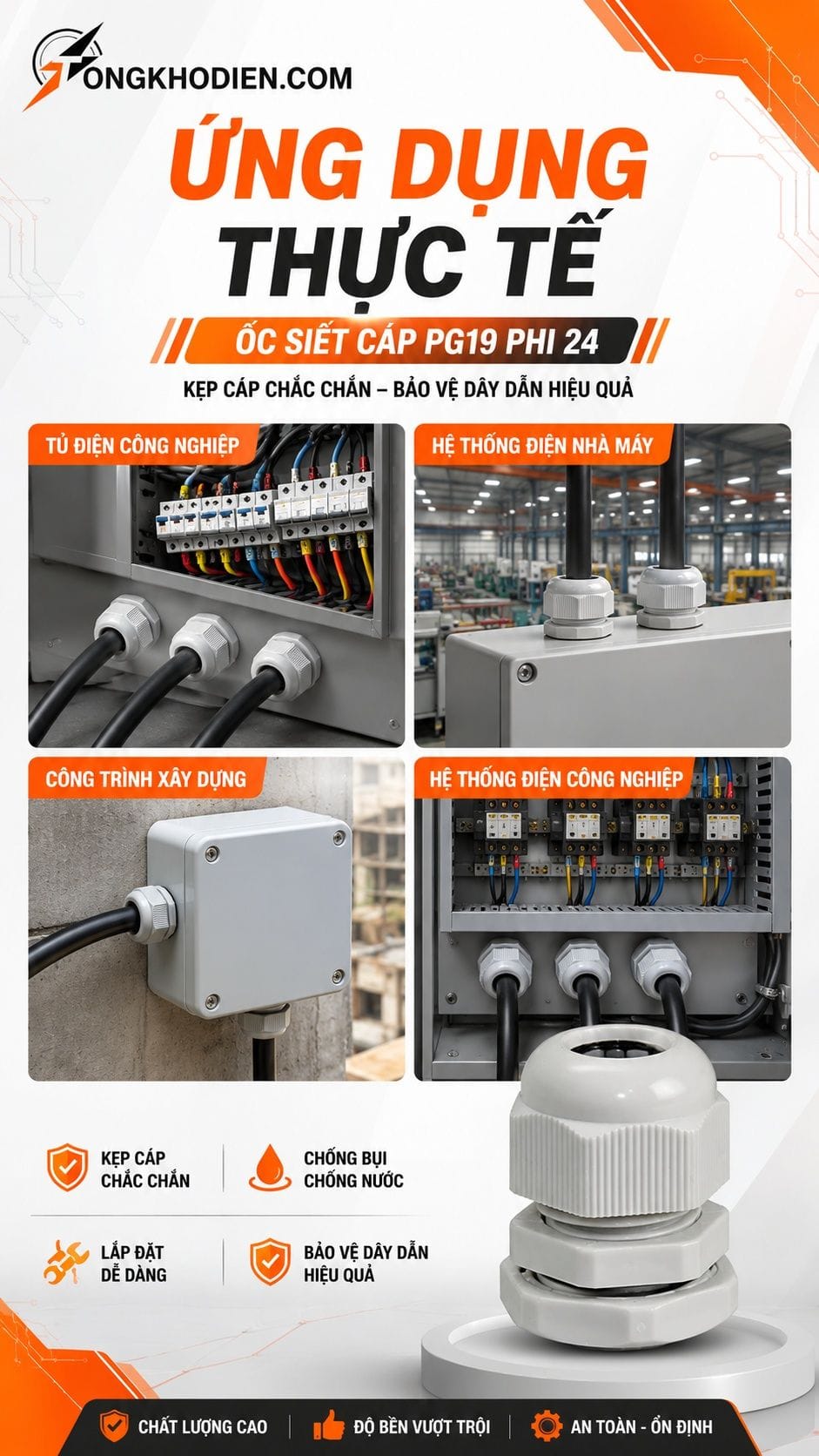 Ốc Siết Cáp PG19 Phi 24 Kẹp Cáp 12-15mm 7 Ứng dụng ốc siết cáp PG19 phi 24