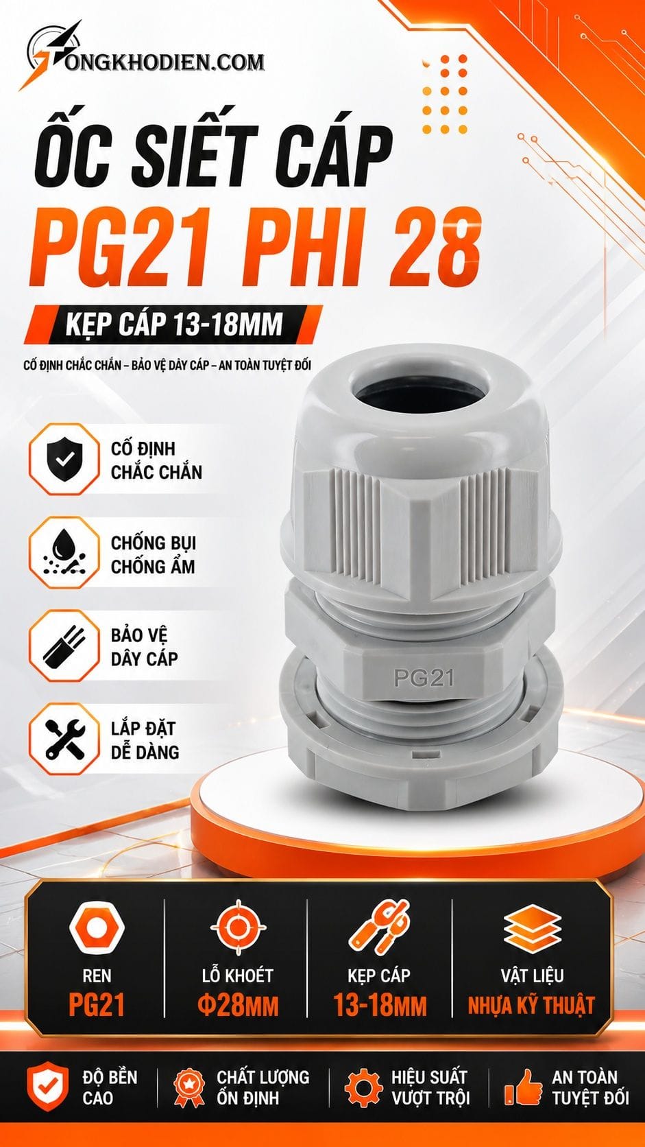 Ốc Siết Cáp PG21 Phi 28 Kẹp Cáp 13-18mm 5 Ốc siết cáp PG21 phi 28