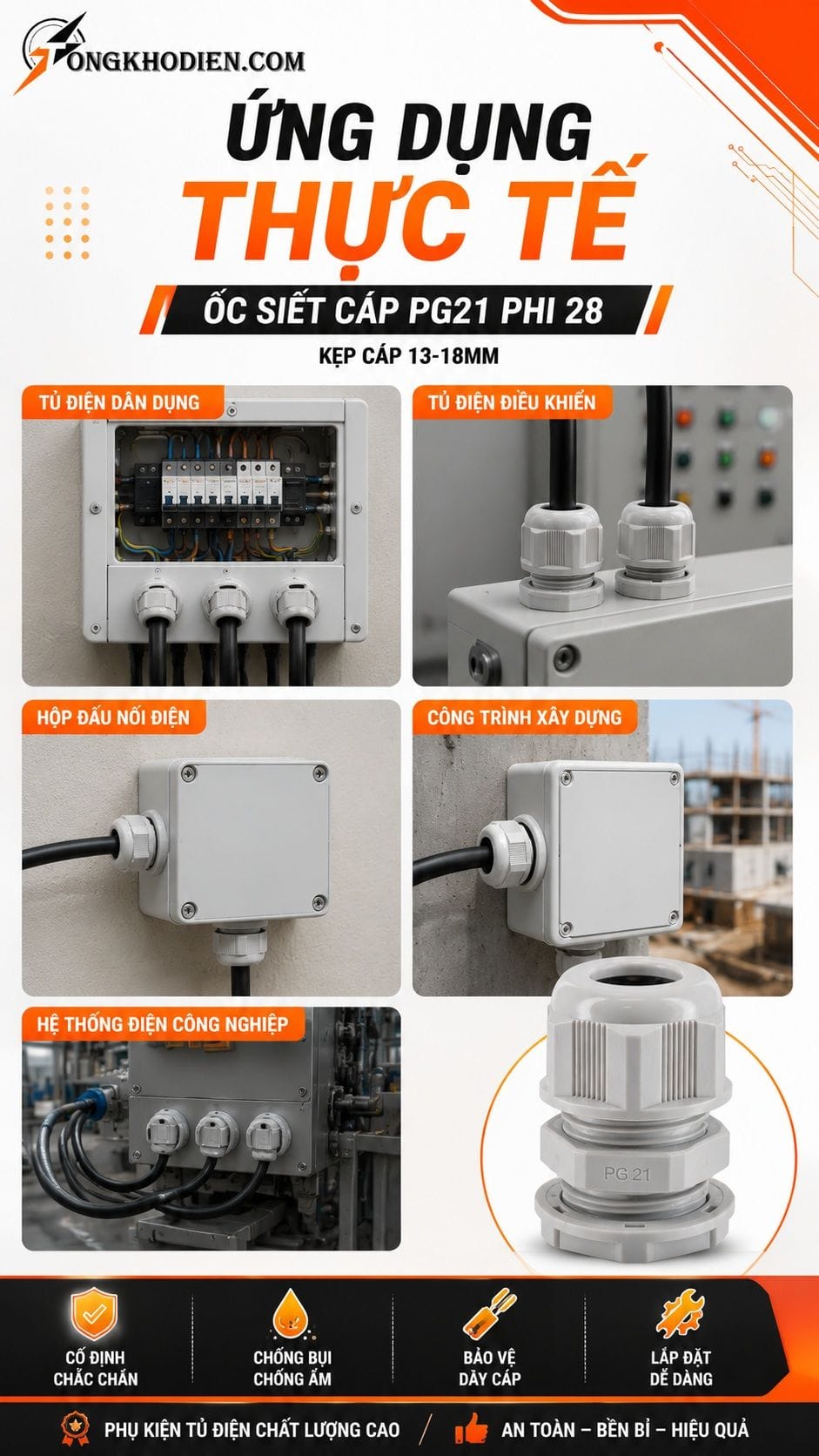 Ốc Siết Cáp PG21 Phi 28 Kẹp Cáp 13-18mm 7 Ứng dụng ốc siết cáp PG21 phi 28