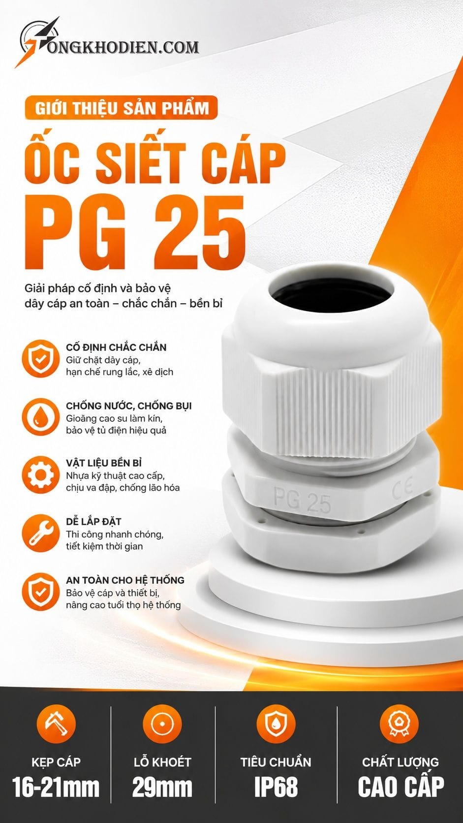 Ốc Siết Cáp PG25 Phi 29 Kẹp Cáp 16-21mm 5 Ốc siết cáp PG25 phi 29