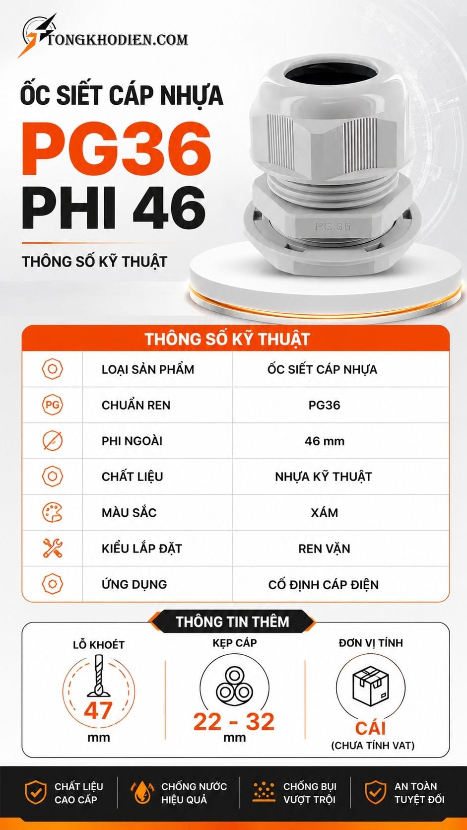 Thông số kỹ thuật ốc siết cáp nhựa PG36 phi 46