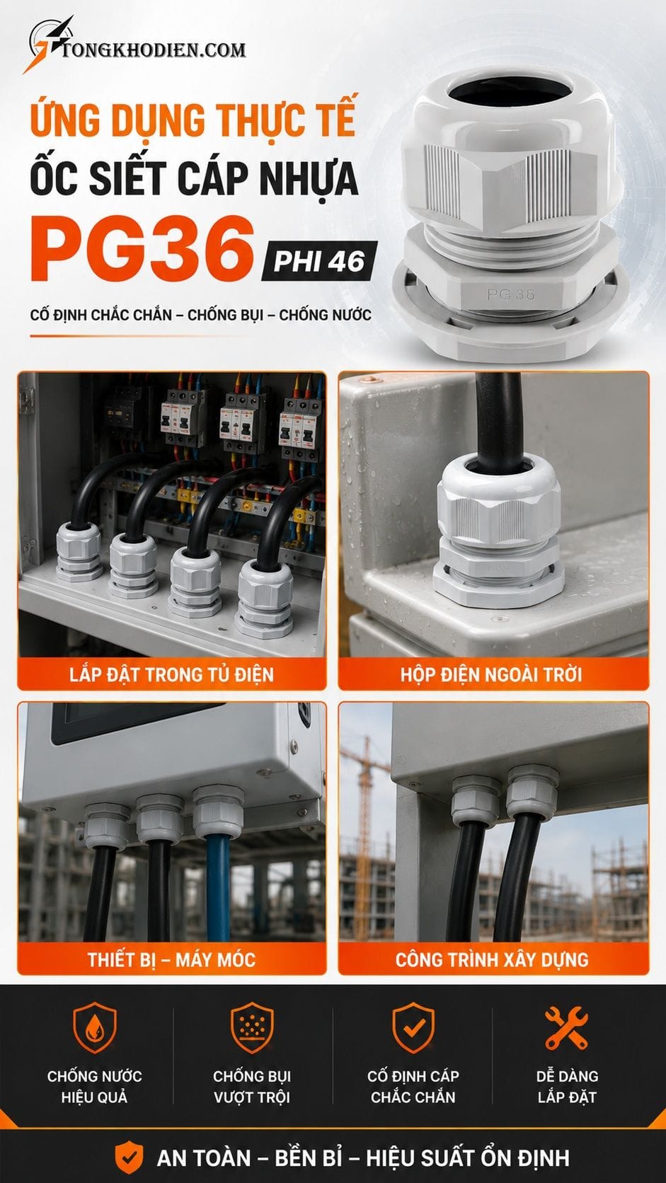 Ứng dụng thực tế ốc siết cáp nhựa PG36 phi 46