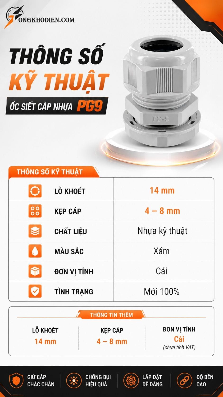 Thông số kỹ thuật ốc siết cáp nhựa PG9