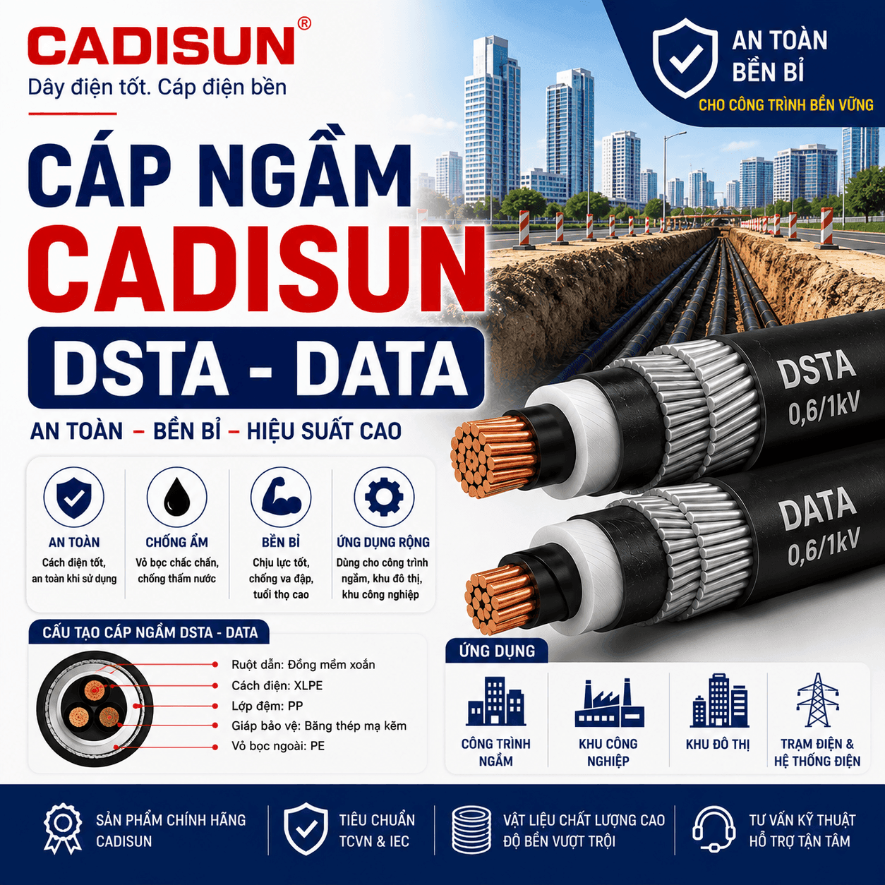 Cáp ngầm CADI-SUN DSTA / DATA chống thấm — giá sỉ Cáp ngầm CADI-SUN DSTA / DATA chống thấm — giá sỉ