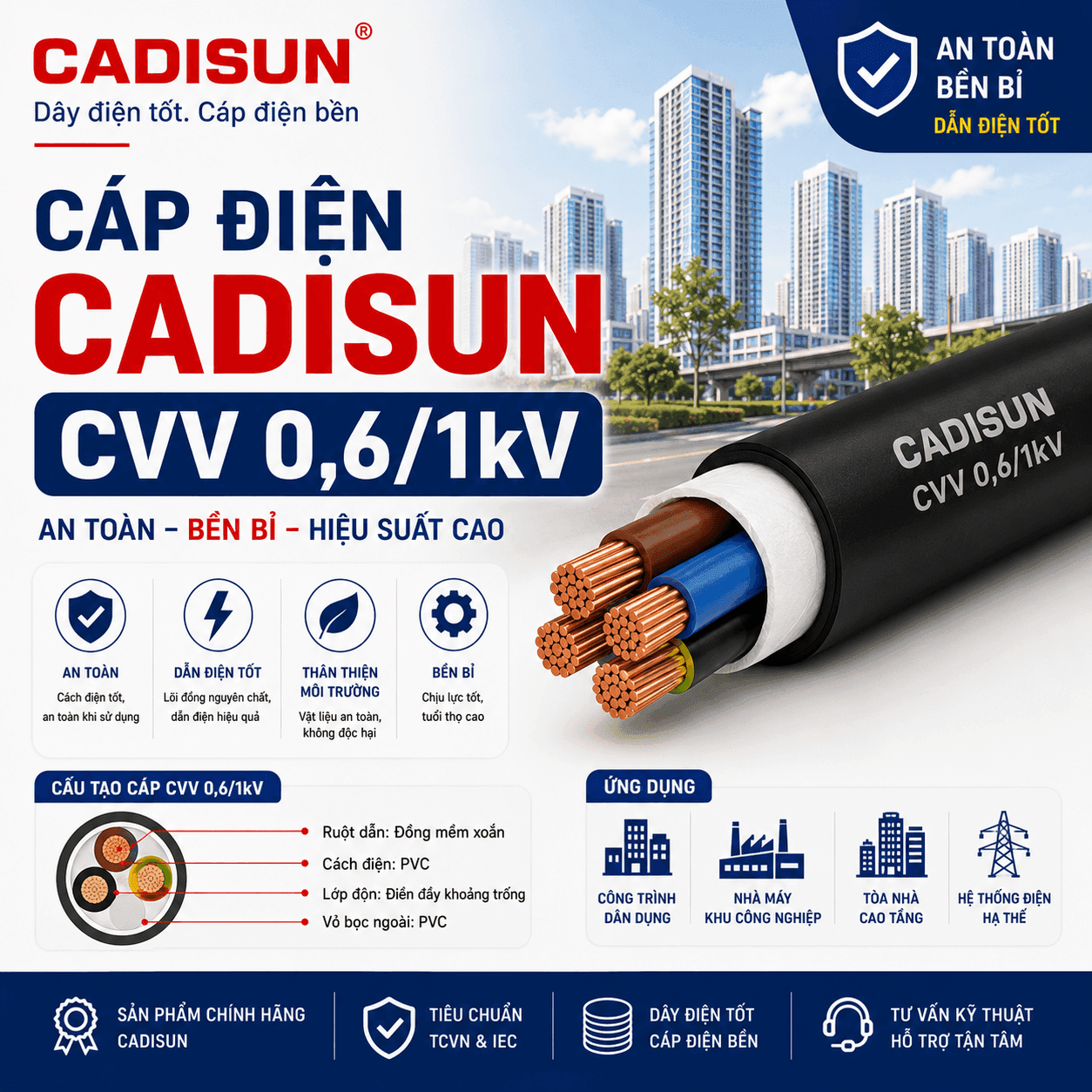 Cáp điện CADI-SUN CXV 0,6/1kV tới 800mm² Cáp điện CADI-SUN CXV 0,6/1kV tới 800mm²