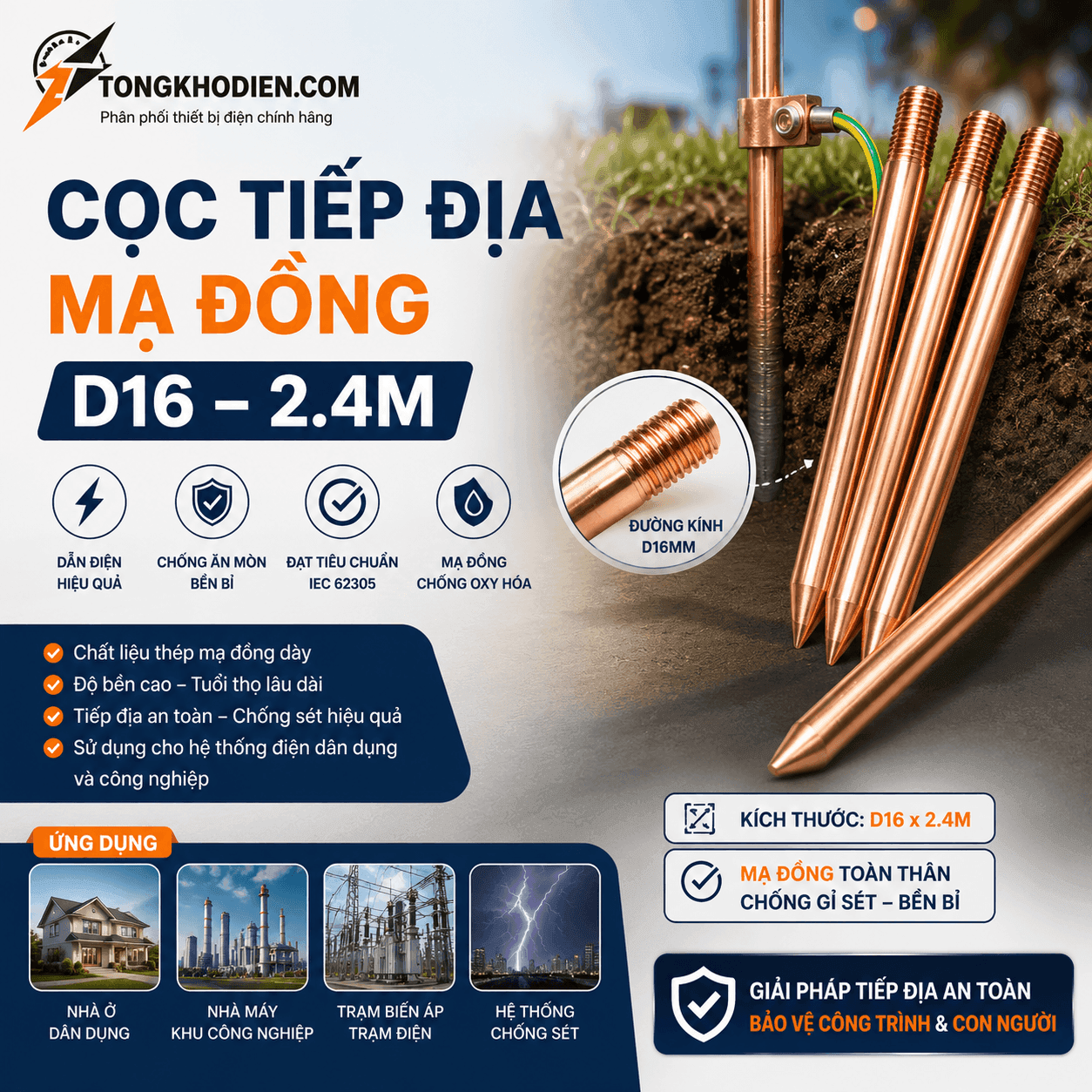 Cọc tiếp địa mạ đồng D16 2,4m lõi thép mạ đồng Cọc tiếp địa mạ đồng D16 2,4m lõi thép mạ đồng